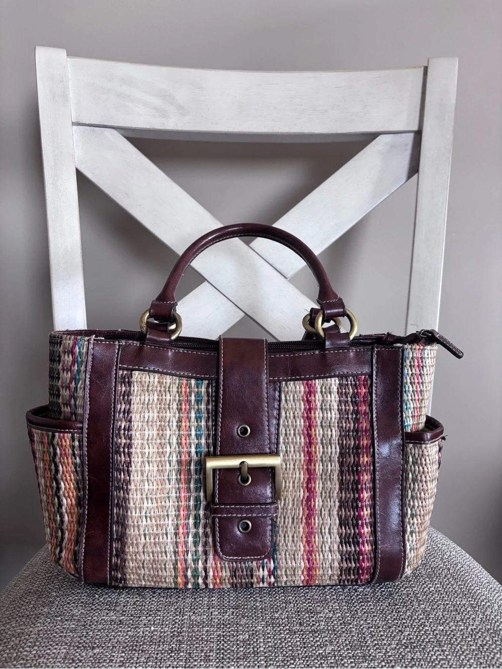 Multicolor Woven Satchel with Brown Leather Trim
